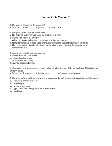 Longitudinal, Transverse Waves, Standing Waves, Quizzes and Test Package Grade 11 Physics Version #2