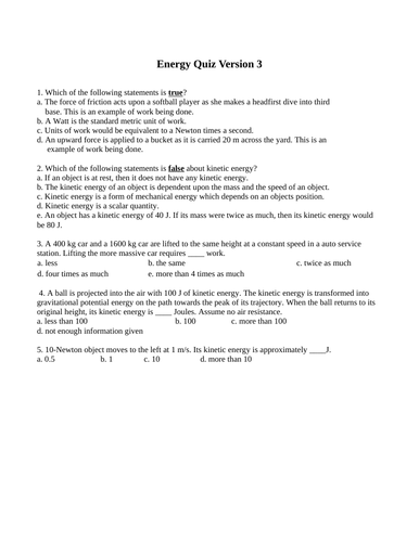 Work, Energy, Conservation of Energy, Power, Quizzes and Test Package Grade 11 Physics Version #3