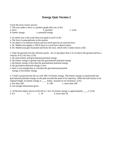 Work, Energy, Conservation of Energy, Power, Quizzes and Test Package Grade 11 Physics Version #2