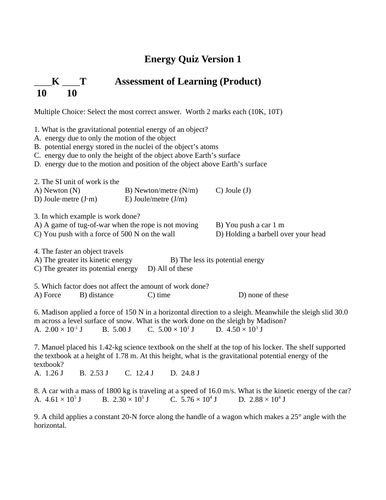 Work, Energy, Conservation of Energy, Power, Quizzes and Test Package Grade 11 Physics Version #1