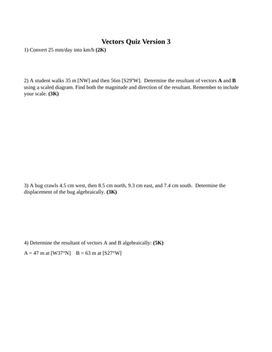 Kinematics and Motion, Quizzes and Test Package Grade 11 Physics Version #3