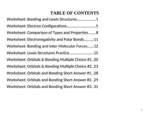 11 WORKSHEETS Grade 12 Chemistry Orbitals and Bonding Unit WITH ANSWERS