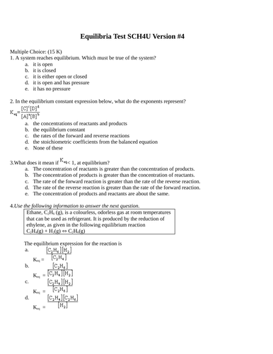 Chemical Equilibria, Solubility Equilibria, Keq, Ka, Ksp, Test Package Grade 12 Chemistry Version #4