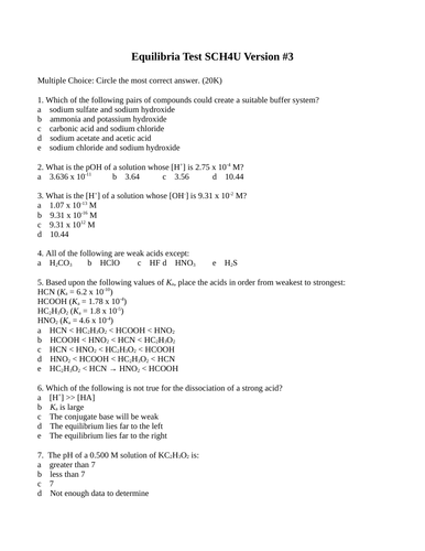 Chemical Equilibria, Solubility Equilibria, Keq, Ka, Ksp, Test Package Grade 12 Chemistry Version #3