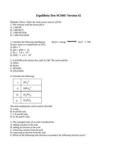 Chemical Equilibria, Solubility Equilibria, Keq, Ka, Ksp, Test Package Grade 12 Chemistry Version #2