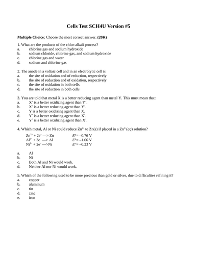 Electrochemistry, Cells, Batteries, Redox Reactions, Test Package Grade 12 Chemistry Version #5