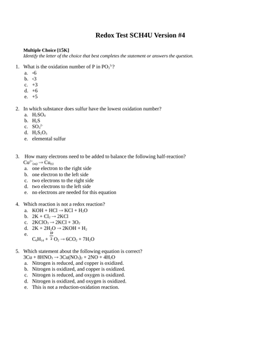 Electrochemistry, Cells, Batteries, Redox Reactions, Test Package Grade 12 Chemistry Version #4