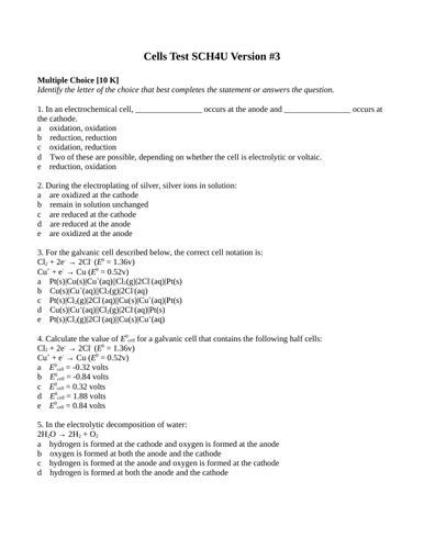 Electrochemistry, Cells, Batteries, Redox Reactions, Test Package Grade 12 Chemistry Version #3