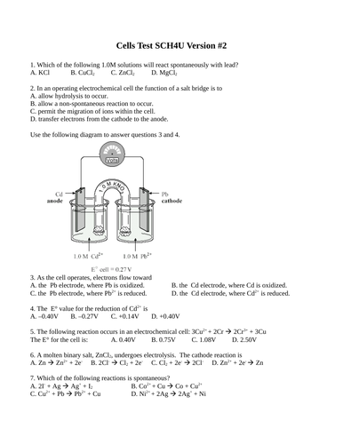 Electrochemistry, Cells, Batteries, Redox Reactions, Test Package Grade 12 Chemistry Version #2