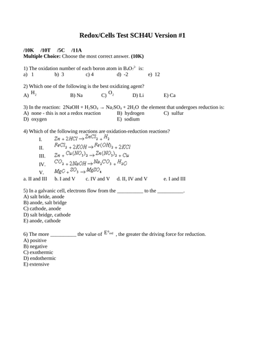 Electrochemistry, Cells, Batteries, Redox Reactions, Test Package Grade 12 Chemistry Version #1