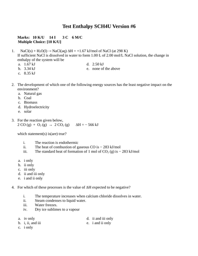 Enthalpy and Rates Test Package Grade 12 Chemistry Version #6