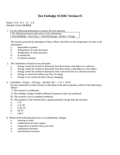 Enthalpy and Rates Test Package Grade 12 Chemistry Version #5