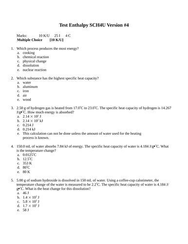 Enthalpy and Rates Test Package Grade 12 Chemistry Version #4