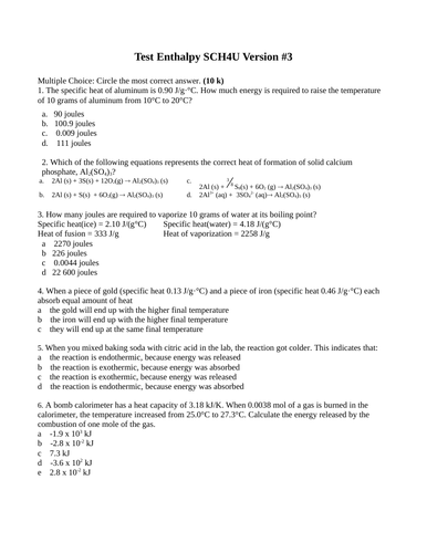 Enthalpy and Rates Test Package Grade 12 Chemistry Version #3