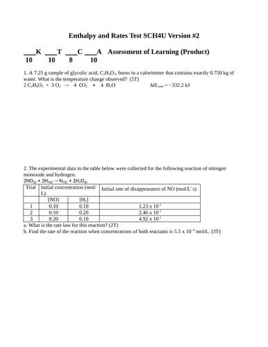 Enthalpy and Rates Test Package Grade 12 Chemistry Version #2