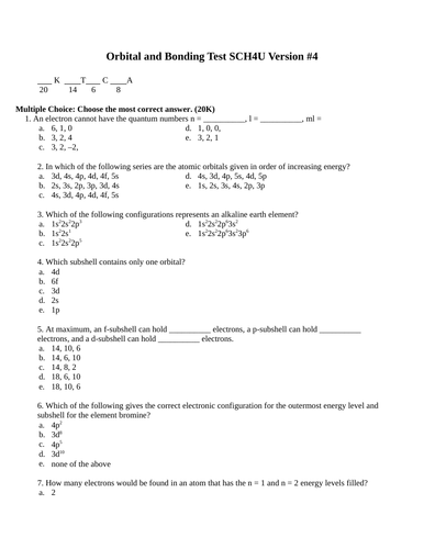 Orbital and Bonding Test Package Grade 12 Chemistry Version #4