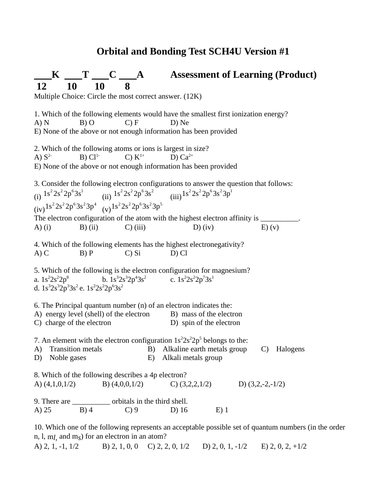 Orbital and Bonding Test Package Grade 12 Chemistry Version #1