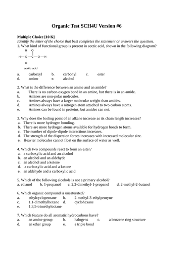 Organic Chemistry Test Package Grade 12 Chemistry Version #6