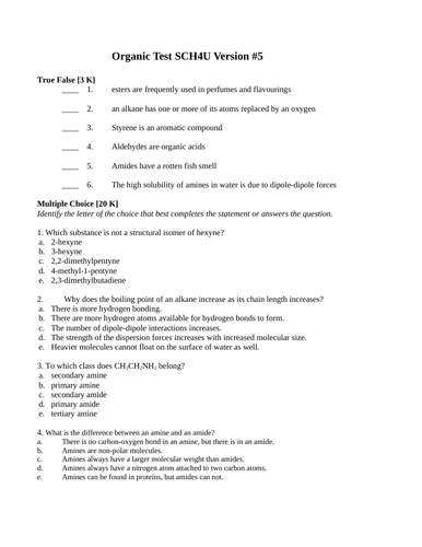 Organic Chemistry  Test Package Grade 12 Chemistry Version #5
