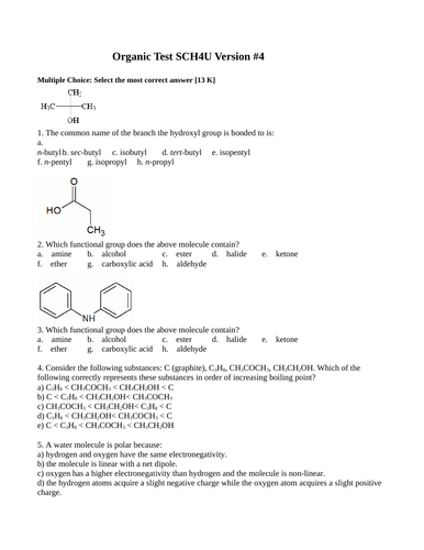 Organic Chemistry Test Package Grade 12 Chemistry Version #4