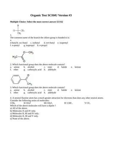 Organic Chemistry Test Package Grade 12 Chemistry Version #3