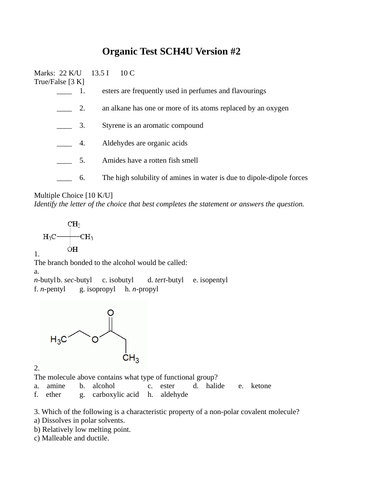 Organic Chemistry Test Package Grade 12 Chemistry Version #2