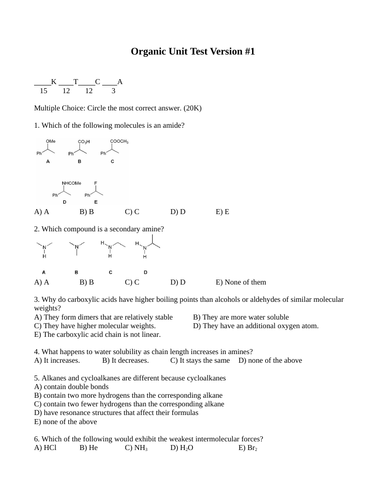 Organic Chemistry Test Package Grade 12 Chemistry Version #1