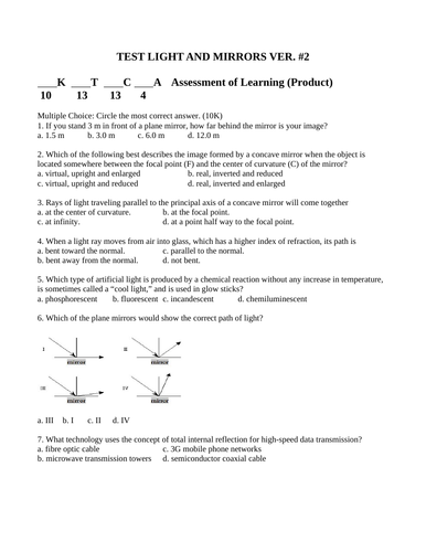 4 OPTICS PHYSICS ASSESSMENTS Mirrors Test & Quiz Lenses Test & Quiz WITH ANSWERS #2