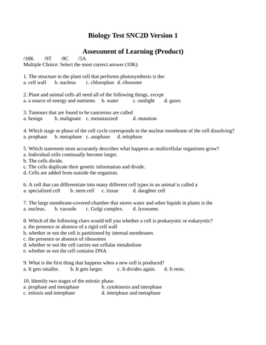 2 BIOLOGY TESTS Biology Unit Test Package Grade 10 Science Unit Test WITH ANSWERS #2