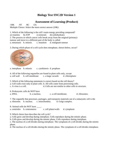 Biology Test Package Grade 10 Science Version #1