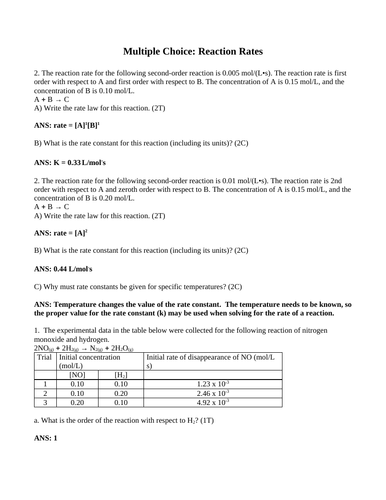 RATE OF REACTIONS SHORT ANSWER Grade 12 Chemistry Reaction Rates (26 PGS)
