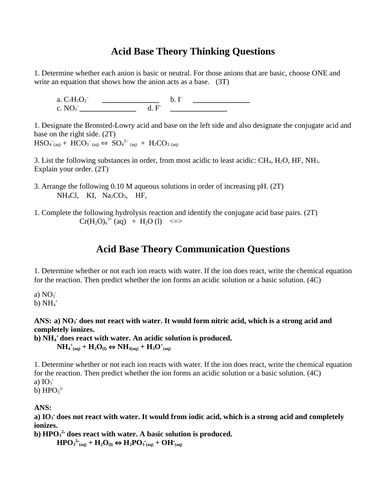 ACIDS BASES SHORT ANSWER Grade 12 Chemistry pH, pOH, Ka, Kb, titrations (18 PGS)