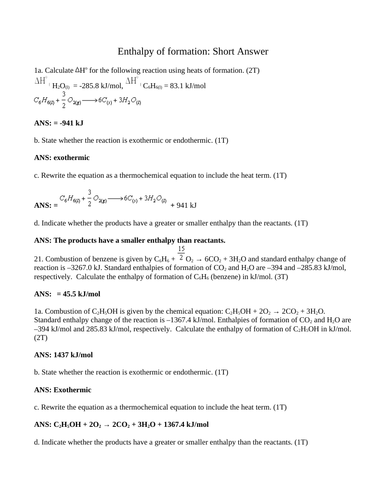 Heat of Formation, Fusion ENTHALPY THEORY SHORT ANSWER Grade 12 Chemistry (27 PGS)