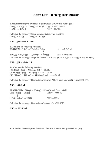 SHORT ANSWER HESS'S LAW Short Answer Grade 12 Chemistry Short Answer (7 PGS)