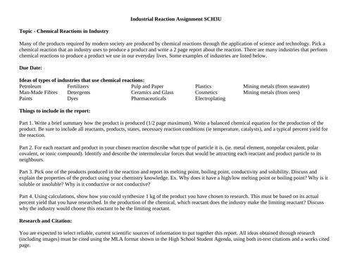 Industrial Reaction Assignment (Culminating Activity) Grade 11 Chemistry