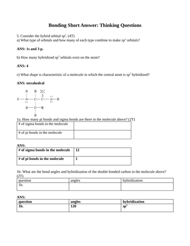 ELECTRON CONFIGURATIONS, HYBRIDIZATION, BONDING Short Answer Grade 12 Chemistry