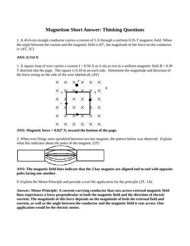 MAGNETISM SHORT ANSWER Grade 11 Physics Magnets, Solenoids, Magnetic Force, Motors, Right Hand Rules