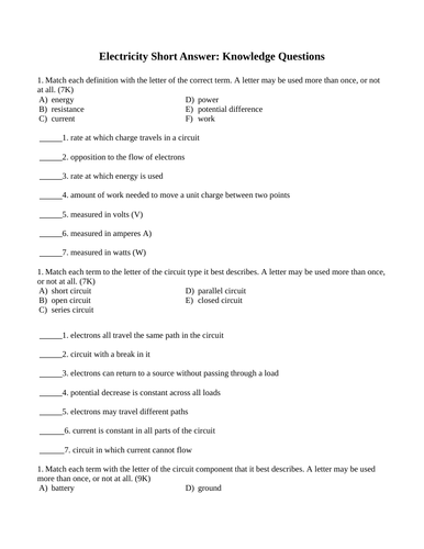 ELECTRICITY THEORY & CALCULATIONS Short Answer Grade 11 Physics (7PG)