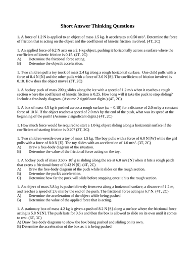 FORCES DYNAMICS SHORT ANSWER Grade 11 Physics Newton's Laws and Net Force (11PG)