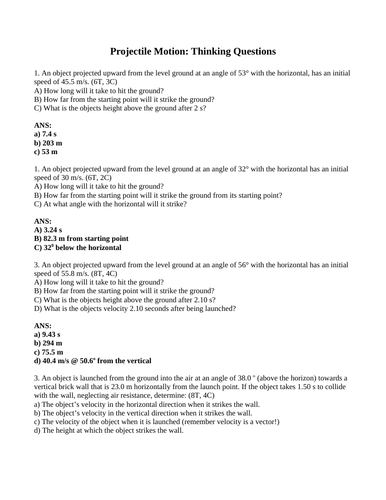 Short Answer Grade 11 Physics Projectile Motion Problems, Solving for Velocity, Acceleration or Time