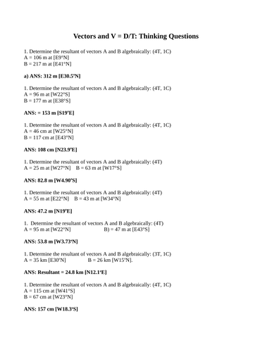 Velocity, Speed, Displacement, V=D/T VECTORS SHORT ANSWER Grade 11 Physics (11PG)