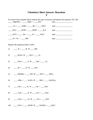 Types of Reactions & Predicting Products, Synthesis, Decomposition Short Answer Grade 10 Science