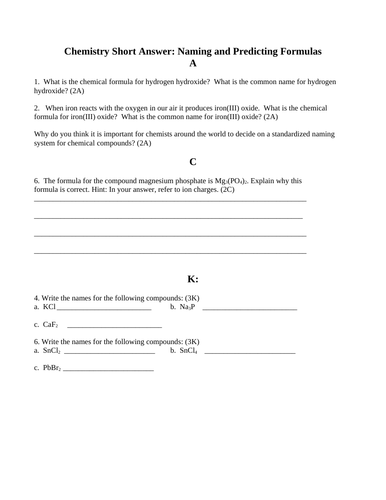Naming Compounds & Predicting Chemical Formulas, Covalent, Ionic Short Answer Grade 10 Science