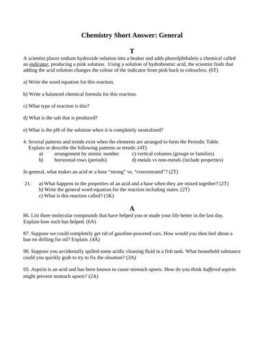 Ionic and Covalent Compounds CHEMISTRY UNIT SHORT ANSWER Grade 10 Science (12PG)
