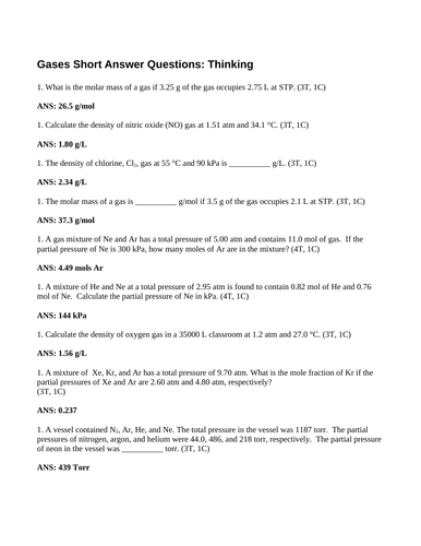 GAS THEORY, DALTONS LAWS, GASES MOLAR MASS Short Answer Grade 11 Chemistry 16PG