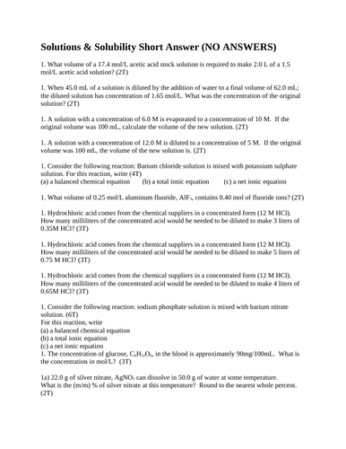 SOLUBILITY and SOLUTIONS SHORT ANSWER Grade 11 Chemistry Soluble Precipitates