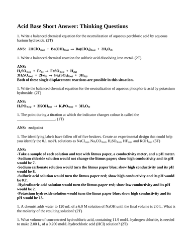 ACIDS, BASES & TITRATION TERMINOLOGY SHORT ANSWER Grade 11 Chemistry (11 PGS)