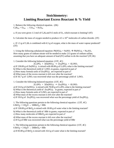 STOICHIOMETRY Limiting & Excess Reactant % Yield Short Answer Grade 11 Chemistry
