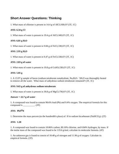 MASS%, EMPIRICAL FORMULA and PERCENT COMPOSITION Short Answer Grade 11 Chemistry (12 PAGES)