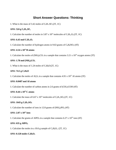 CONVERSIONS: MOLECULES TO MOLES TO MASS Short Answer Grade 11 Chemistry (14 PGS)